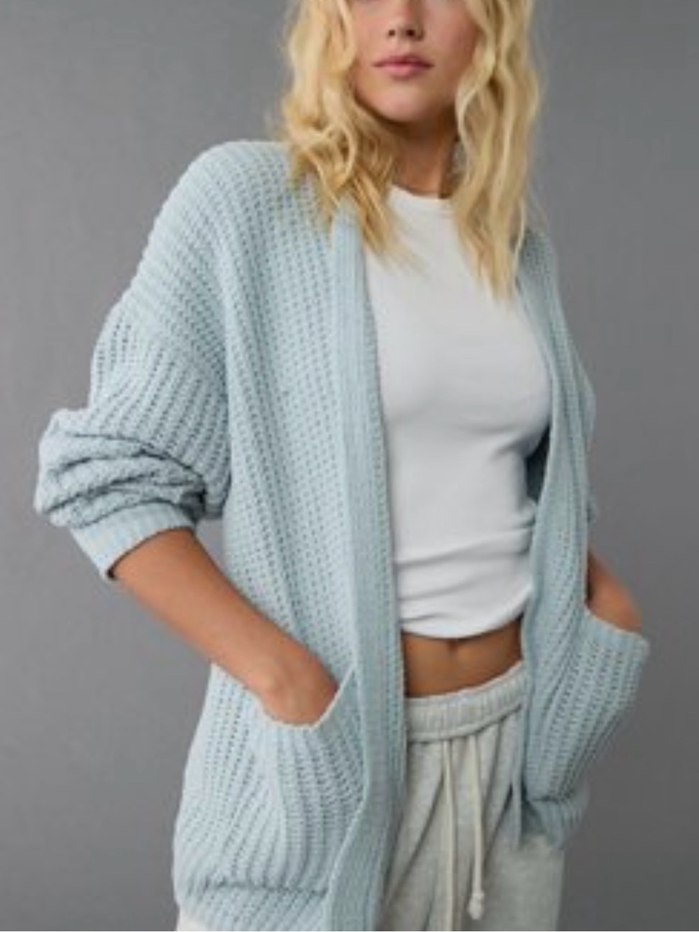 American Eagle Soft Blue Chunky Waffle Knit Open Front Cardigan – Medium NWT